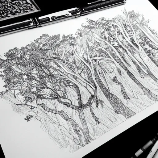 Image similar to forest, detailed intricate sketch, 4k, illustration, cross hatched, black ink on white paper