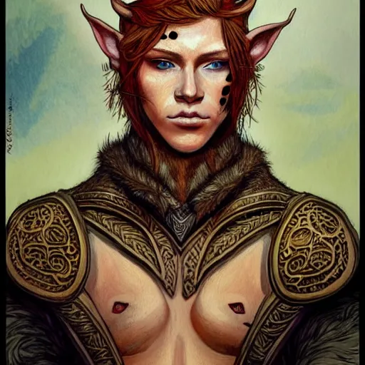 Image similar to portrait painting of an elven young man with short ginger hair and tribal tattoos on his cheeks wearing fur armor, sharp focus, award - winning, trending on artstation, masterpiece, highly detailed, intricate. art by rebecca guay