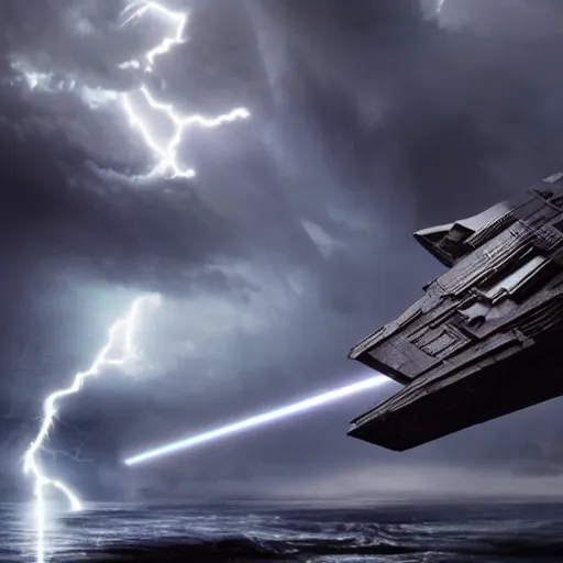 Image similar to a star destroyer being pulled in half by an evil yoda covered in force lightning, cinematic lighting, ultra realistic, 8 k,