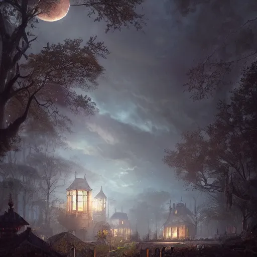 Image similar to a hidden village in the trees, victorian setting, dramatic light, clouds, moon, storm, night, high detail, fantasy background, painted by greg rutkowski, digital art, trending on artstation