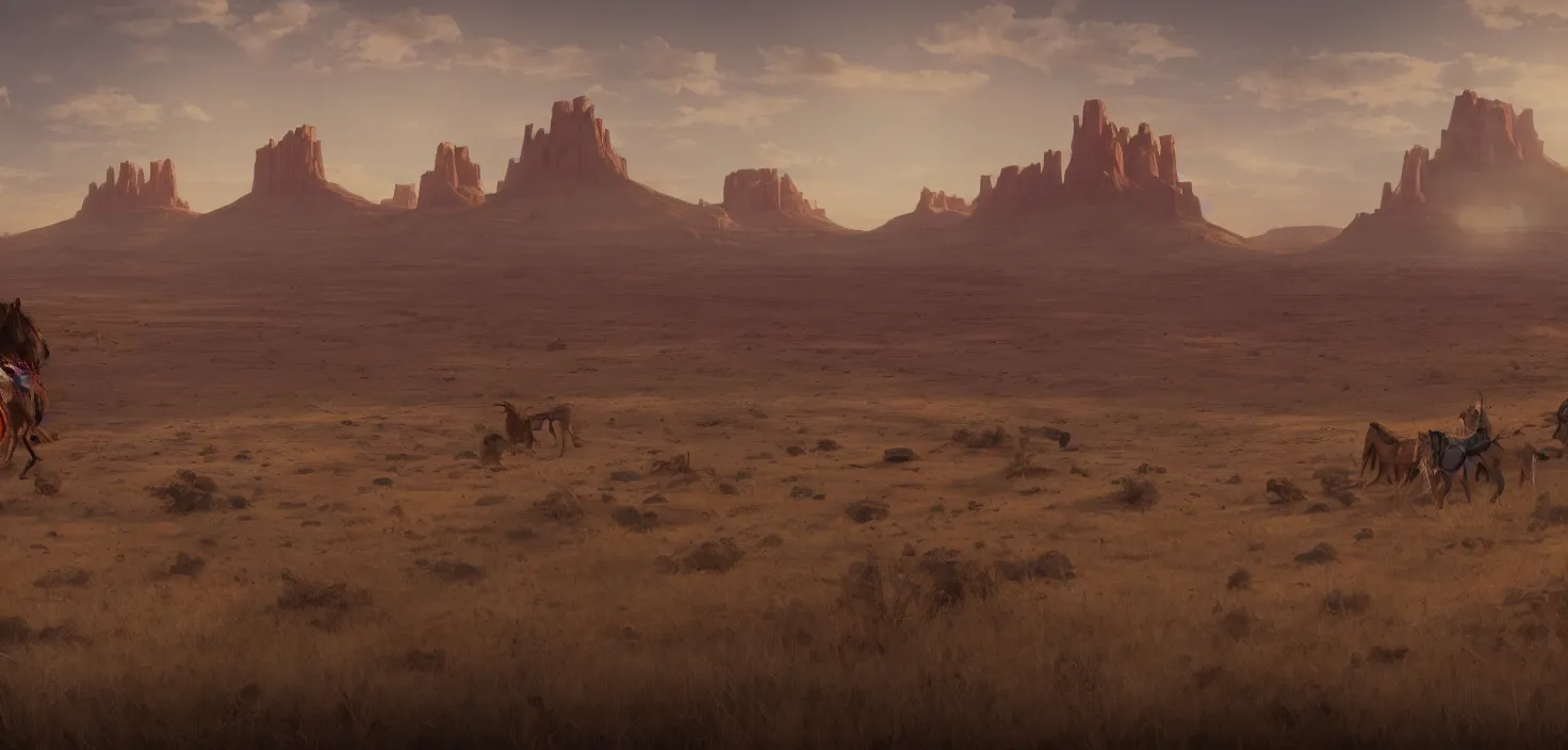 Image similar to navajo indian reservations, cinematic view, trending on artstation