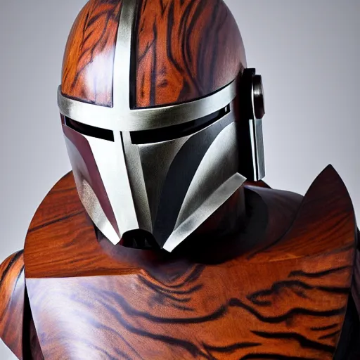 Prompt: a completely made of wood, real - world sculpture bust of the mandolorian star - wars character, made of highly polished walnut wood, polished, cedar, polished tiger - wood. photograph, photographic, 3 5 mm