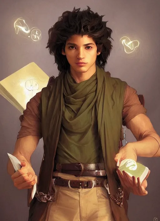 Prompt: character concept portrait of a handsome young adventurous Latino wizard with olive skin casting a love spell, a floating iridescent spell book in the center, intricate, elegant, digital painting, concept art, smooth, sharp focus, illustration, from Metal Gear, by Ruan Jia and Mandy Jurgens and William-Adolphe Bouguereau, Artgerm