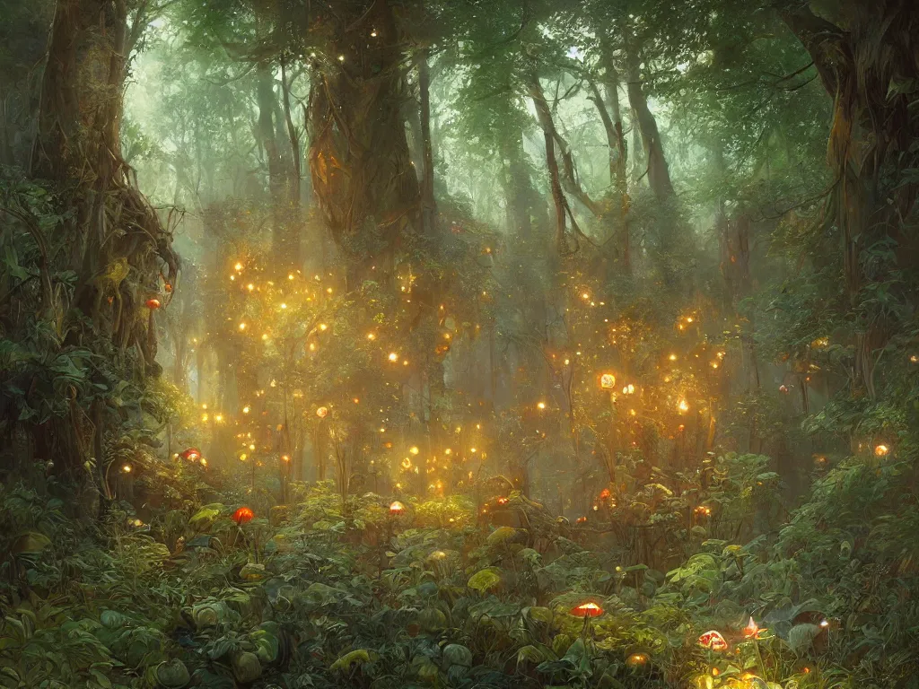 Image similar to Painting of a fantasy forest with mushrooms and fireflies, intricate, wild, highly detailed, digital painting, artstation, concept art, smooth, sharp focus, illustration, art by artgerm and greg rutkowski and alphonse mucha