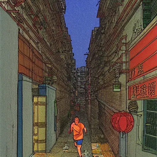 Prompt: a man running down an alley in hong kong, art by moebius