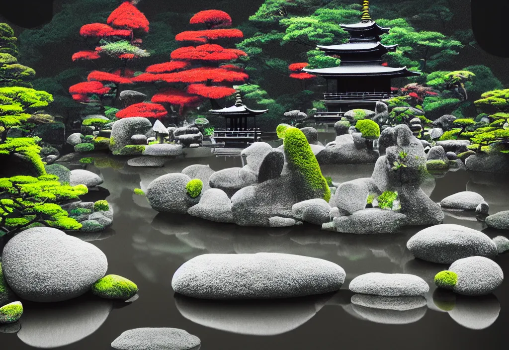 Prompt: serene beautiful temple rock garden kyoto, japan, a collage painting, in the style of wes anderson, lola dupre, david hockney, isolated on negative white space background dark monochrome fluorescent neon spraypaint accents volumetric octane render