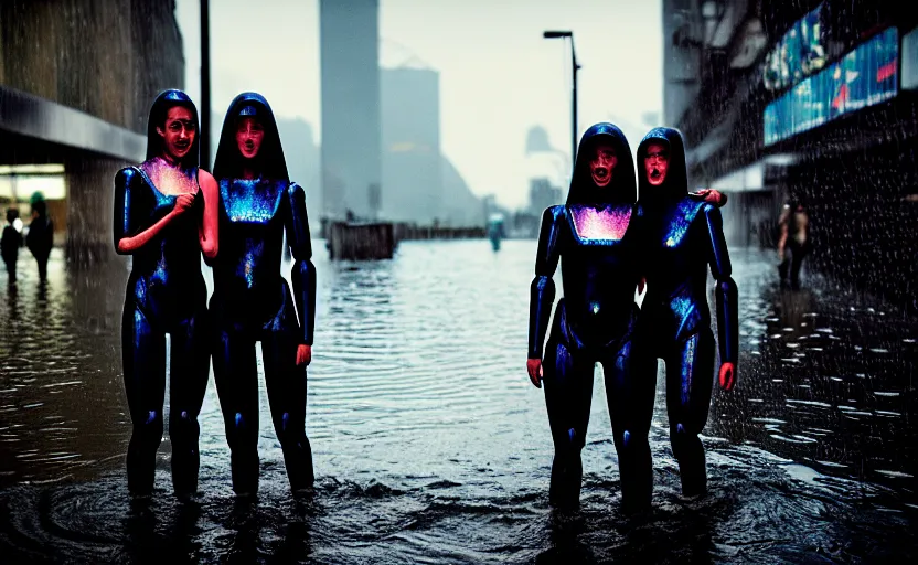 Image similar to cinestill 5 0 d candid photographic portrait by steve mccurry of two loving female androids sobbing wearing rugged black mesh techwear in treacherous waters, flooded city, long shot, retrofuturism cyberpunk moody emotional cinematic, pouring iridescent rain bright spotlight helicopter, 8 k, hd, high resolution, 3 5 mm, f / 3 2, ultra realistic faces, ex machina