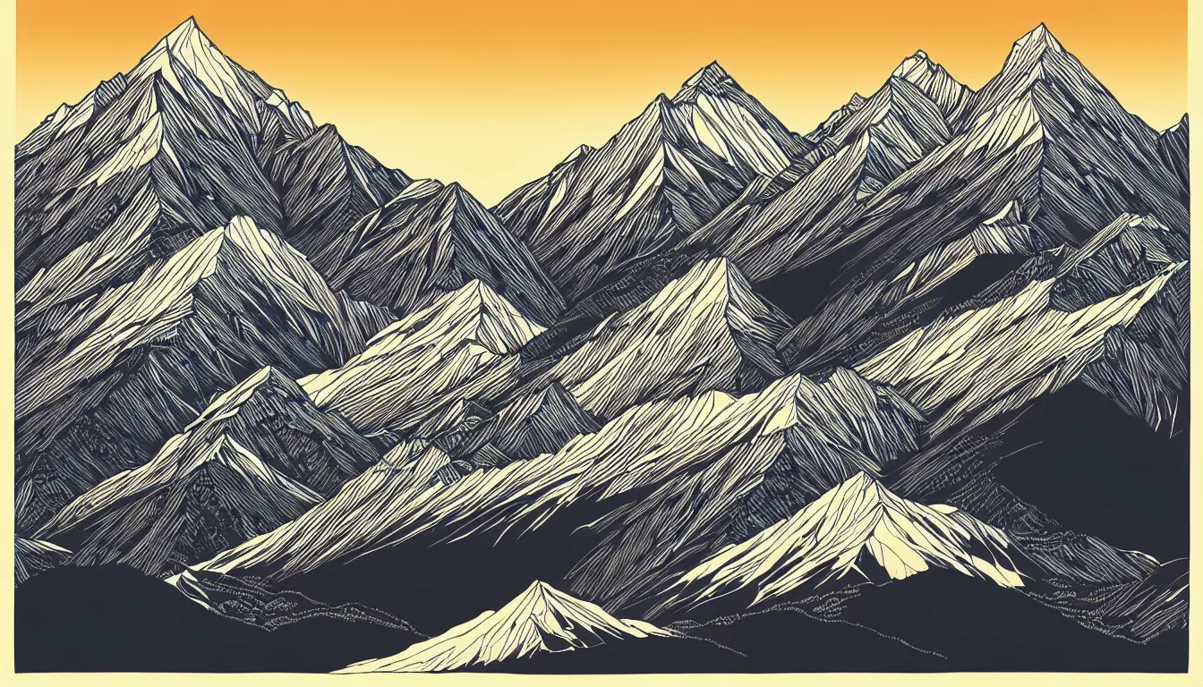 Image similar to himalayas by dan mumford and peter doig and edward hopper, symmetrical, minimal, black ink, thick lines highly detailed, muted colours 8 k