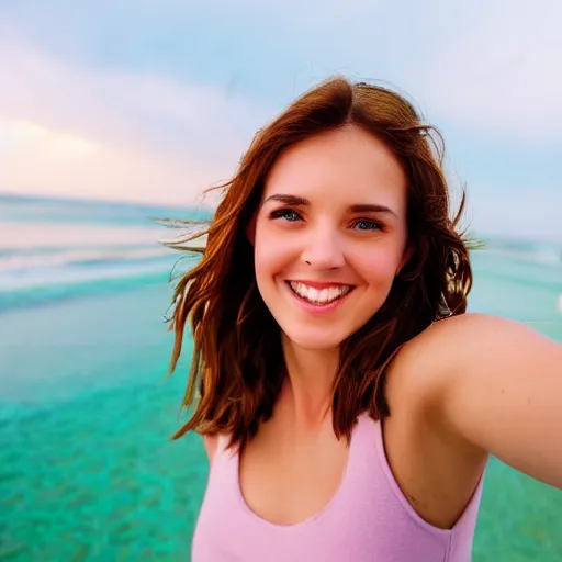 Image similar to Selfie photograph of a cute young woman with bronze brown hair and vivid green eyes, smiling smugly, soft focus, medium shot, mid-shot, beach background