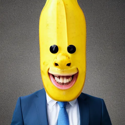 Image similar to banana head, a man wearing a suit banana head