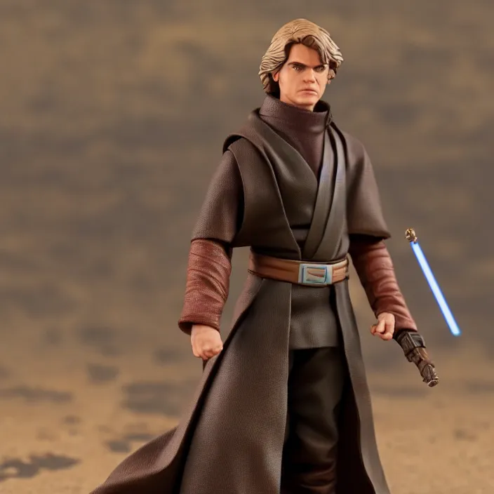 Prompt: a detailed figure of anakin skywalker complaining about sand, first 4 figures, detailed product photo