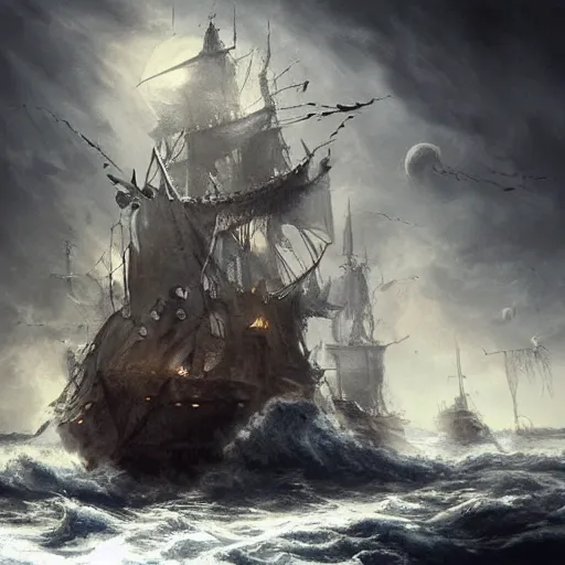 Image similar to ghostly pirate ship sailing on a raging sea, concept art, highly detailed, intricate, dark colour, tense atmosphere, night sky full of star