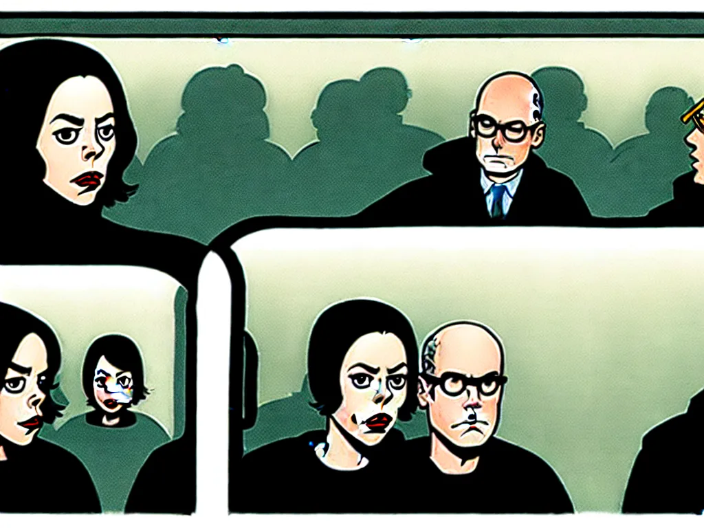 Image similar to a single comic panel by Daniel Clowes, 3/4 low angle view wide shot of two people sitting in an empty Chicago subway train, in front of windows: a sad Aubrey Plaza in a parka and a friendly Mads Mikkelsen in a suit