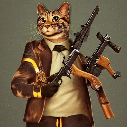 Prompt: photograph of a realistic anthropomorphic cat with lots of guns