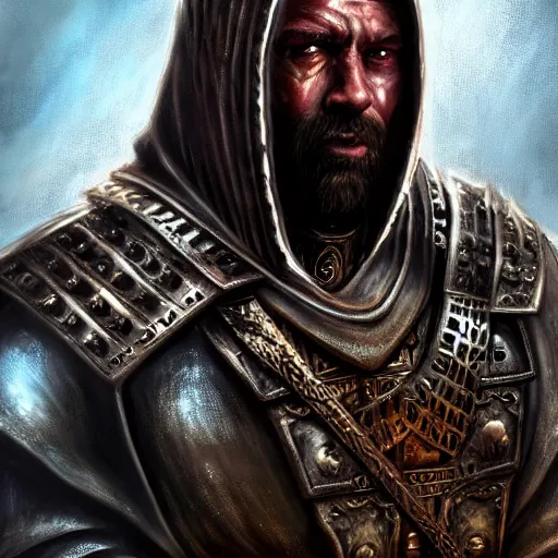 Image similar to unknown the elder scrolls vi hammerfall, battle hardened imposing male redguard character portrait partially clothed in hooded metal - plated exquisitely detailed hooded battle armour, desert, tropical, atmospheric lighting, painted, intricate, volumetric lighting, beautiful, rich deep colours masterpiece, sharp focus, ultra detailed
