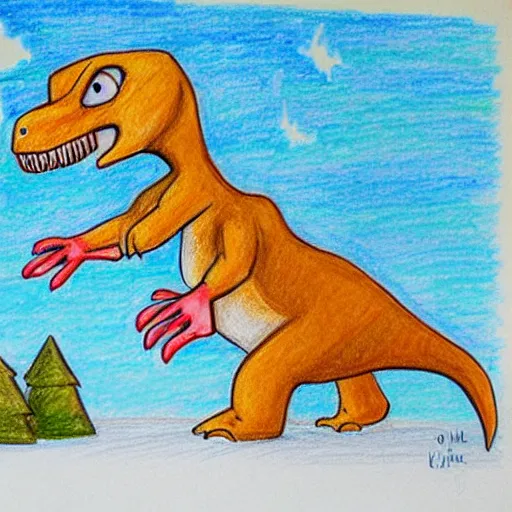 Image similar to cute drawing of a t-rex standing in a snowstorm