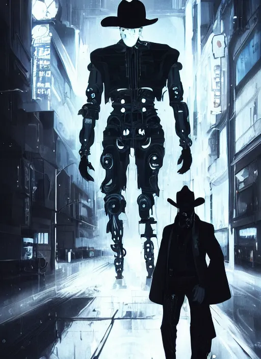 Prompt: a Photorealistic dramatic hyperrealistic render of a male cyborg half human half robot face dressed as a cowboy wearing a long black coat with a black cowboy hat, brilliant white eyes, short white hair, background of a cyberpunk neon city at night by WLOP,Artgerm,Greg Rutkowski,Alphonse Mucha, Beautiful dynamic dramatic dark moody lighting,shadows,cinematic atmosphere,Artstation,concept design art,Octane render,8K