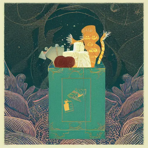 Image similar to feeling of infinite and repition with a box inside gift box which is inside another gift box with another box inside like matriochkas, illustration by victo ngai