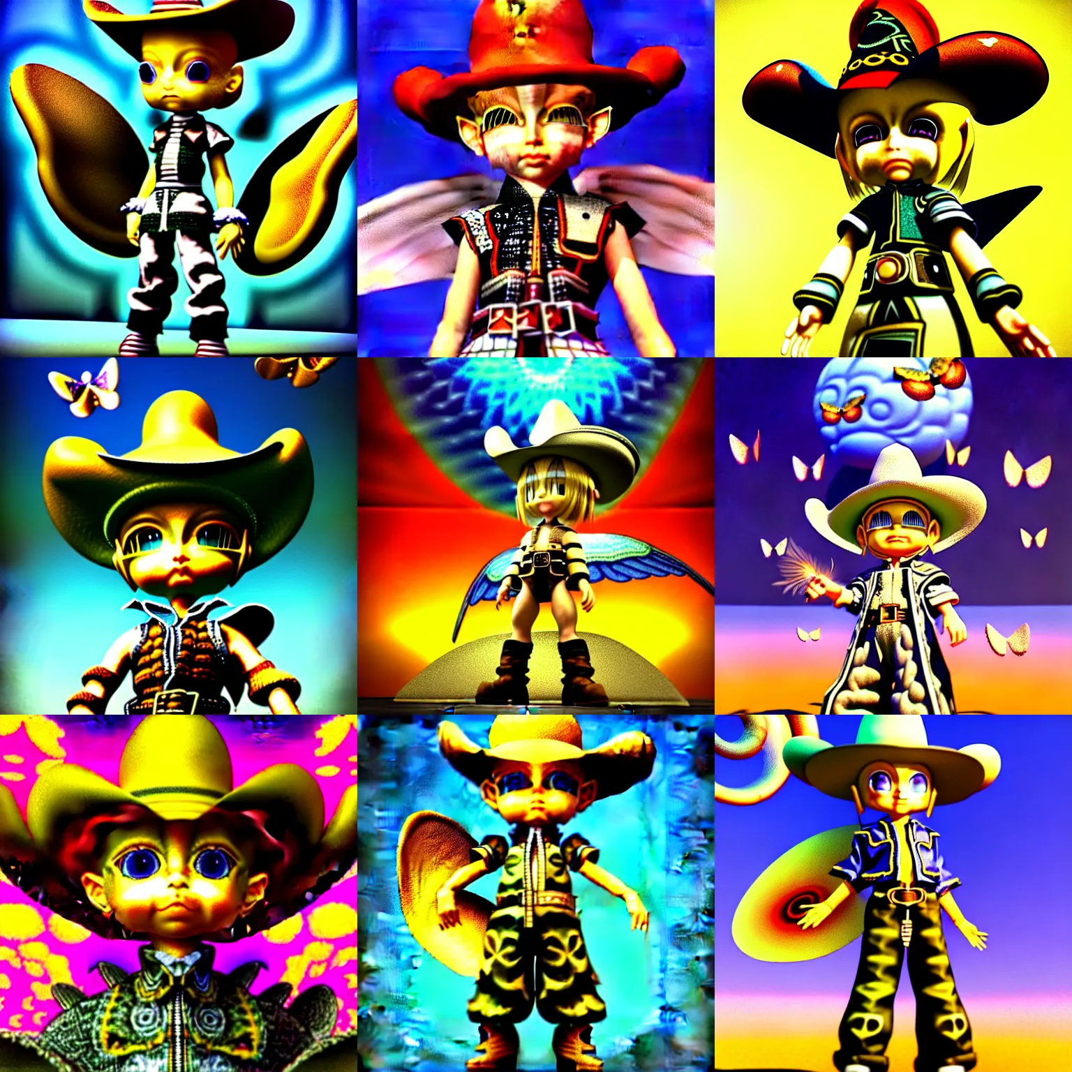 Prompt: vintage cgi 3 d render in the style of micha klein of chibi cyber wizard final fantasy ix by ichiro tanida wearing a big cowboy hat and wearing angel wings against a psychedelic swirly background with 3 d butterflies and 3 d flowers n the style of 1 9 9 0's cg graphics 3 d rendered y 2 k aesthetic by ichiro tanida, 3 do magazine