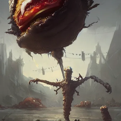 Image similar to a monster with a hamburger head, concept art, fantasy drawing, illustration, highly detailed, hyperrealistic, cgsociety, artstation, oil painting by greg rutkowski