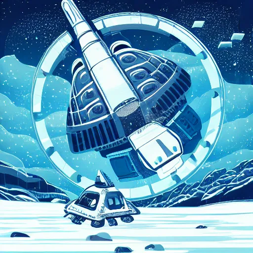 Prompt: very detailed spaceship on an ice planet, gradient background, retro science fiction vintage art