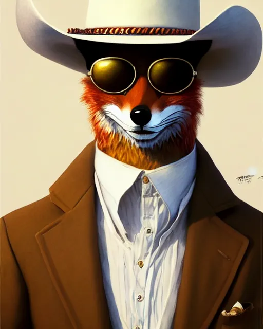 Prompt: anthropomorphic art of a fox wearing a white suit, white cowboy hat, and sunglasses, smoking a cigar, texas inspired clothing by artgerm, victo ngai, ryohei hase, artstation. highly detailed digital painting, smooth, global illumination, fantasy art by greg rutkowsky, karl spitzweg