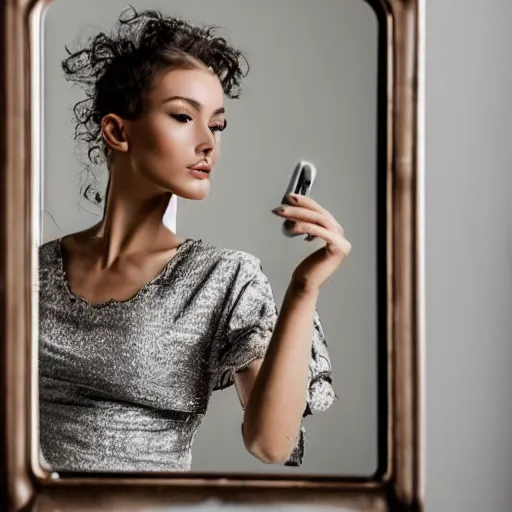 Prompt: a beautiful woman sitting at a vanity in front of a mirror, beautiful face, fashion photography, elegant furniture, cracked mirror