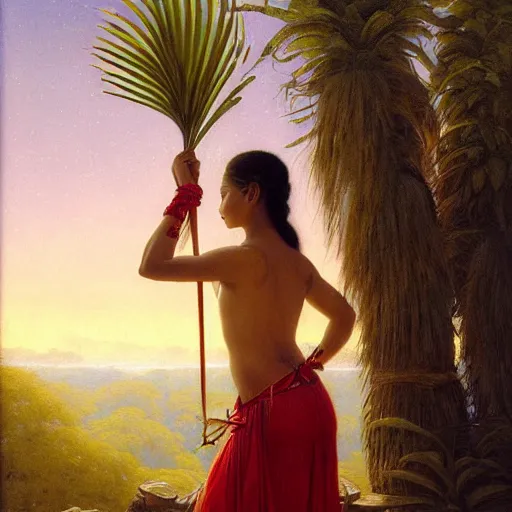 Prompt: a ultradetailed beautiful painting of a latina brazilian girl holding a bow in amazonas by hsiao ron cheng, ngai victo, nivanh chanthara jean delville wlop and dougherty patrick, trending on artstation, mediterranean, palm trees, light sparkles, major arcana sky, sharp focus, soft light