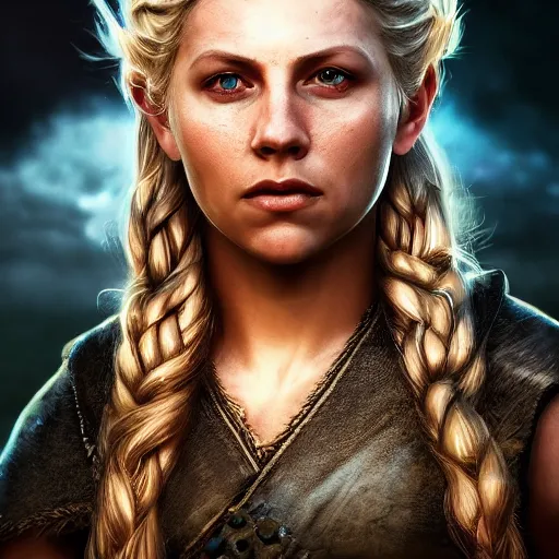 Image similar to portrait art of lagertha from vikings, 8 k ultra realistic, lens flare, atmosphere, glow, detailed, intricate, full of colour, cinematic lighting, trending on artstation, 4 k, hyperrealistic, focused, extreme details, unreal engine 5, cinematic, masterpiece