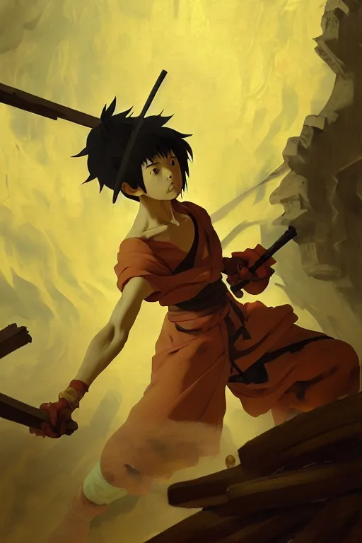 Image similar to baroque oil painting of key visual portrait concept art of anime monk fighting with a wood weapon in a dungeon, brutalist, dark fantasy, rule of thirds golden ratio, fake detail, trending pixiv fanbox, acrylic palette knife, style of makoto shinkai studio ghibli genshin impact jamie wyeth james gilleard greg rutkowski chiho aoshima