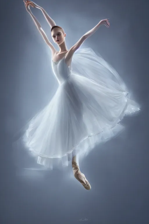 Prompt: prima ballerina dancing in the wind, beautiful face, ethereal, bride, beautiful wedding dress, gorgeous, volumetric lighting, elegant, fluid, very highly detailed, digital painting, concept art, illustration, limited color palette, atmosphere and tension, trending on artstation