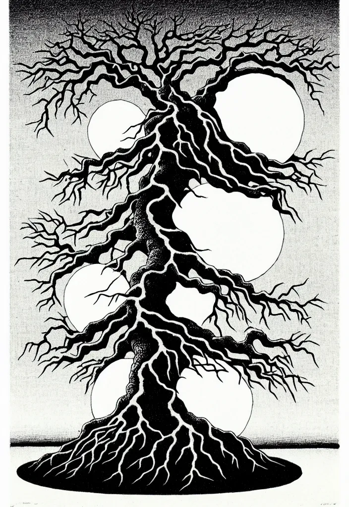 Image similar to prompt: magical white skeleton Bonsai tree roots merging into big moon drawn by Rene Magritte, Japanese woodblock print style, clean ink detailed line drawing, intricate detail, manga 1990