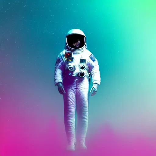 Image similar to rainbow vapor wave astronaut full body wide shot gradient map cyan magenta yellow, movie still, cinematic, photorealistic, extreme detail, sharp focus, 8 k, intricate, hyper detailed, realistic, cinematic lighting