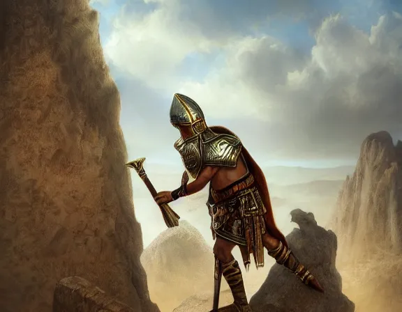 Prompt: bronze age assyrian priest with a tall helmet and snake staff, standing on a ledge looking down, dust behind him, wide octane render, beautiful composition, trending on artstation, wide highly detailed oil painting, fantasy digital art, wide epic