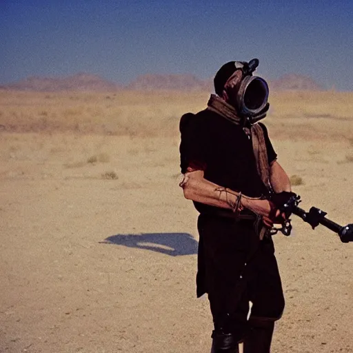 Prompt: a pirate wearing a gasmask, in the desert, film still, panavision panaflex