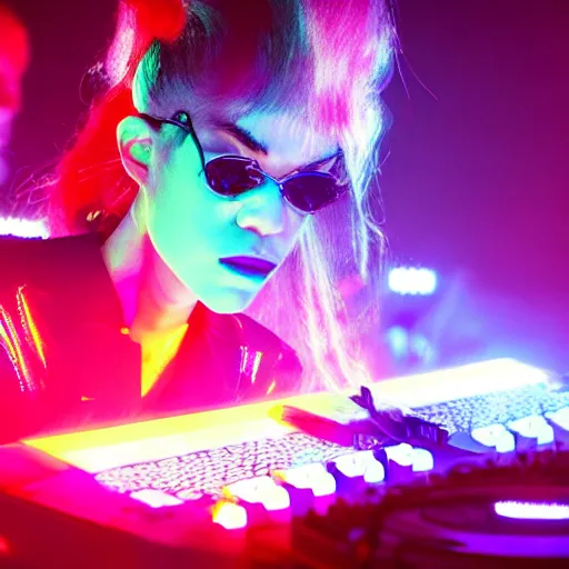 Image similar to Grimes DJing onstage playing with a synthesizer, neon, lambent lighting with vivid and radiant colors, 35mm photography, volumetric lighting, trending on artstation, artstationHD, artstationHQ, 4k, 8k.