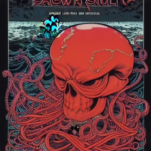 Image similar to a glowing red skull in the sea enveloped by jellyfish tendrils and black seaweed by josan gonzalez and dan mumford and laurie greasley and harry clarke, highly detailed, high contrast