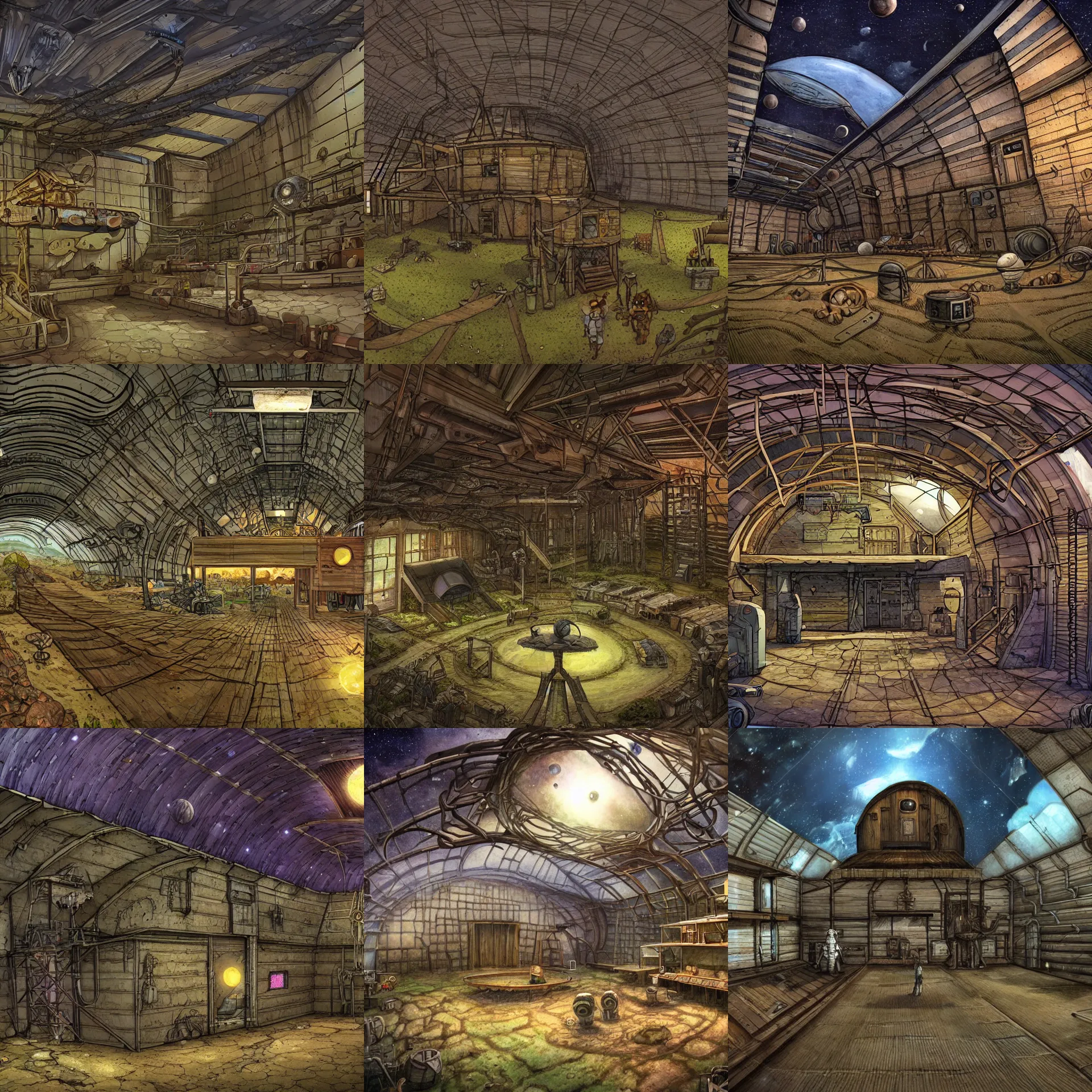 Prompt: inside a farm barn, view from low down and looking straight up at the roof, on a remote planet, from a space themed point and click 2 d graphic adventure game, detailed, set design inspired slightly by hg giger, art inspired by thomas kinkade