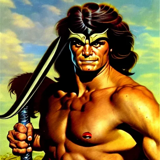 Image similar to Heroic Portrait of a Young Barbarian Hero, art by Frank Frazetta and Boris Vallejo and George Quaintance