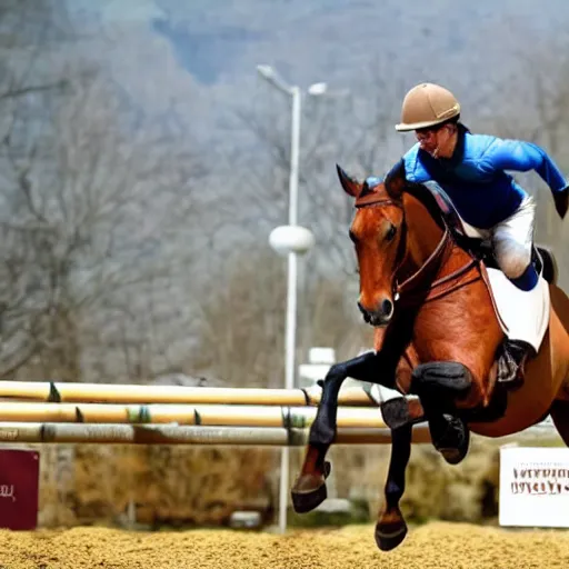 Prompt: a man jumping a brown horse over an obstacle.