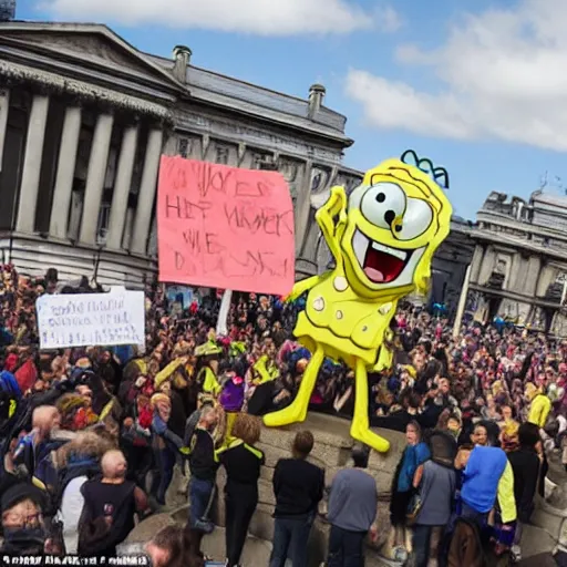 Image similar to spongebob squarepants protests against the british government at trafalgar square