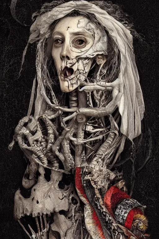 Prompt: Detailed maximalist portrait with large lips and with large eyes, sad expression, skeletal, HD mixed media, 3D collage, highly detailed and intricate, surrea, illustration in the style of Caravaggio, dark art, baroque