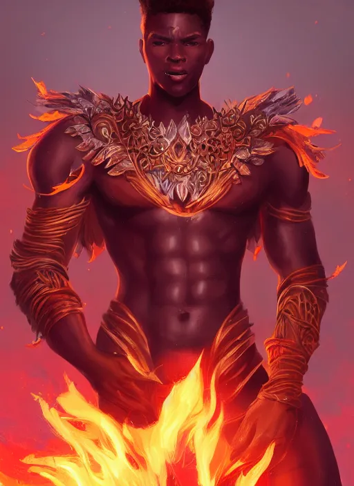 Image similar to a highly detailed illustration of attractive young african fire god with short hair, flaming body, heroic jumping pose, intricate, elegant, highly detailed, centered, digital painting, artstation, concept art, smooth, sharp focus, league of legends concept art, wlop