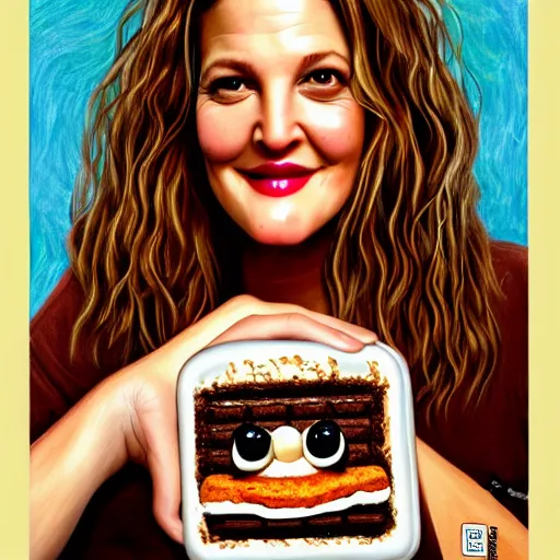 Prompt: drew barrymore in a smore, chocolate, marshmallow graham cracker, digital painting by arcimboldo