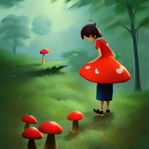 Image similar to goro fujita ilustration girl picking mushrooms in the forest, painting by goro fujita, sharp focus, highly detailed, artstation