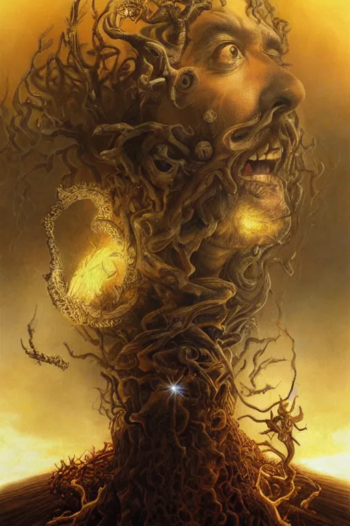 Image similar to Intricate stunning highly detailed portrait of Salvador Dali depicted as HammerFall’s lead vocals, digital painting by agostino arrivabene and Vladimir Kush, surreal, ultra realistic, Horror vacui, dramatic lighting, full moon, thick black swirling smoke tornado, burning fire embers, artstation