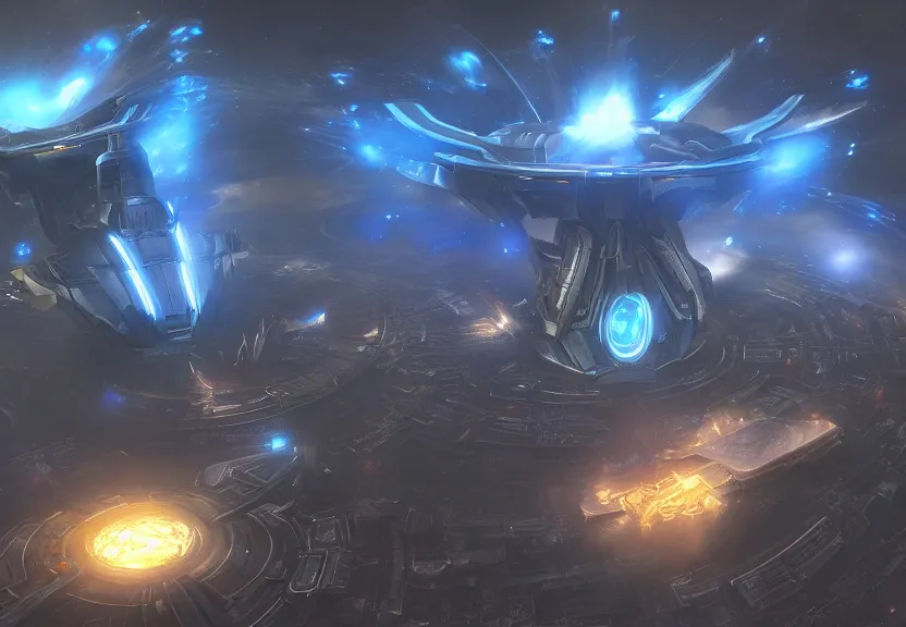 Image similar to protoss spaceship hovering above protoss city beautiful art uhd 4 k, artstation, hdr, 4 k, incredible detail, cinematic lighting, unreal engine 5