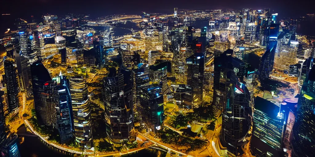 Prompt: futuristic singapour view at night from a plane, cinematic
