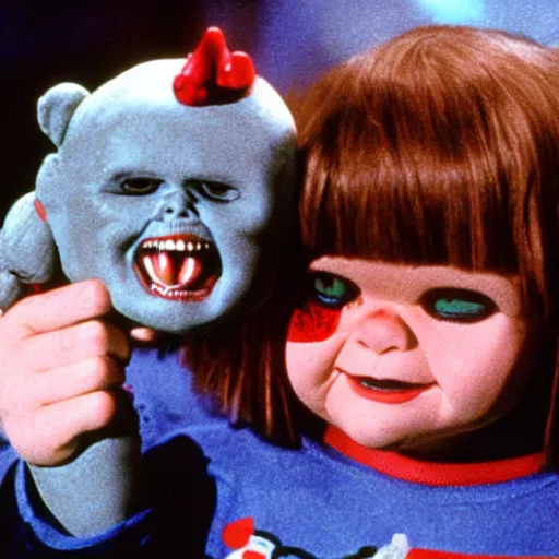 Image similar to Neve Campbell holding Chucky the killer doll