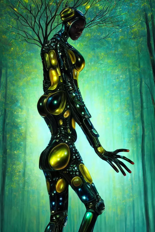 Image similar to hyperrealistic magic realism cinematic super expressive! black woman with exoskeleton armor, merging with tree in a forest, highly detailed digital art masterpiece, smooth cam de leon eric zener dramatic pearlescent soft teal yellow light, ground angle hd 8 k, sharp focus